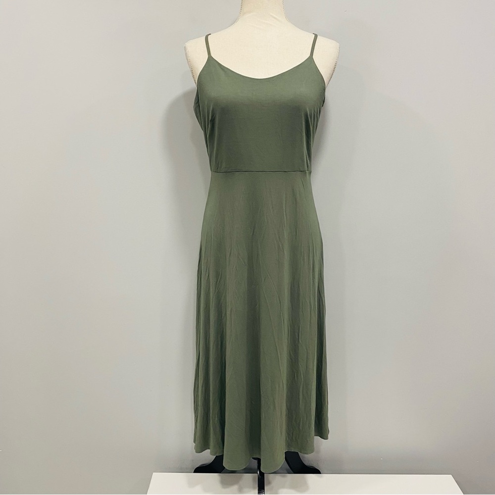 NWT LOFT 6 Olive Green Spaghetti Strap Midi Jersey Sundress Smocked Back Beach